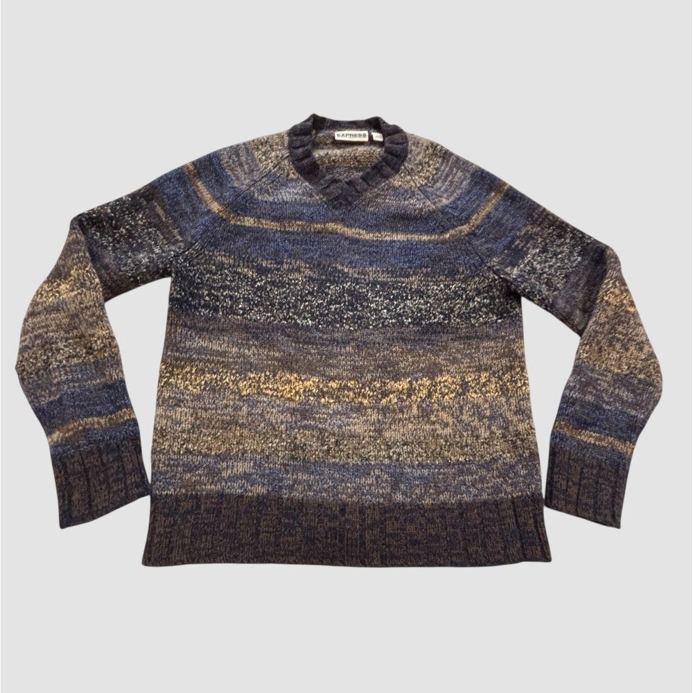 Express Men's Large Sweater Precision Fit Lambswool Blend V Neck Brown Tan Blue